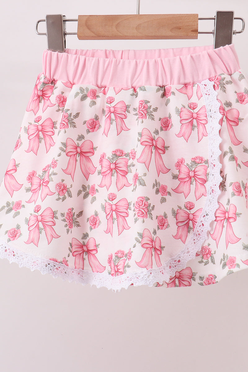 Pink Floral Bow Lace Skorts Set
