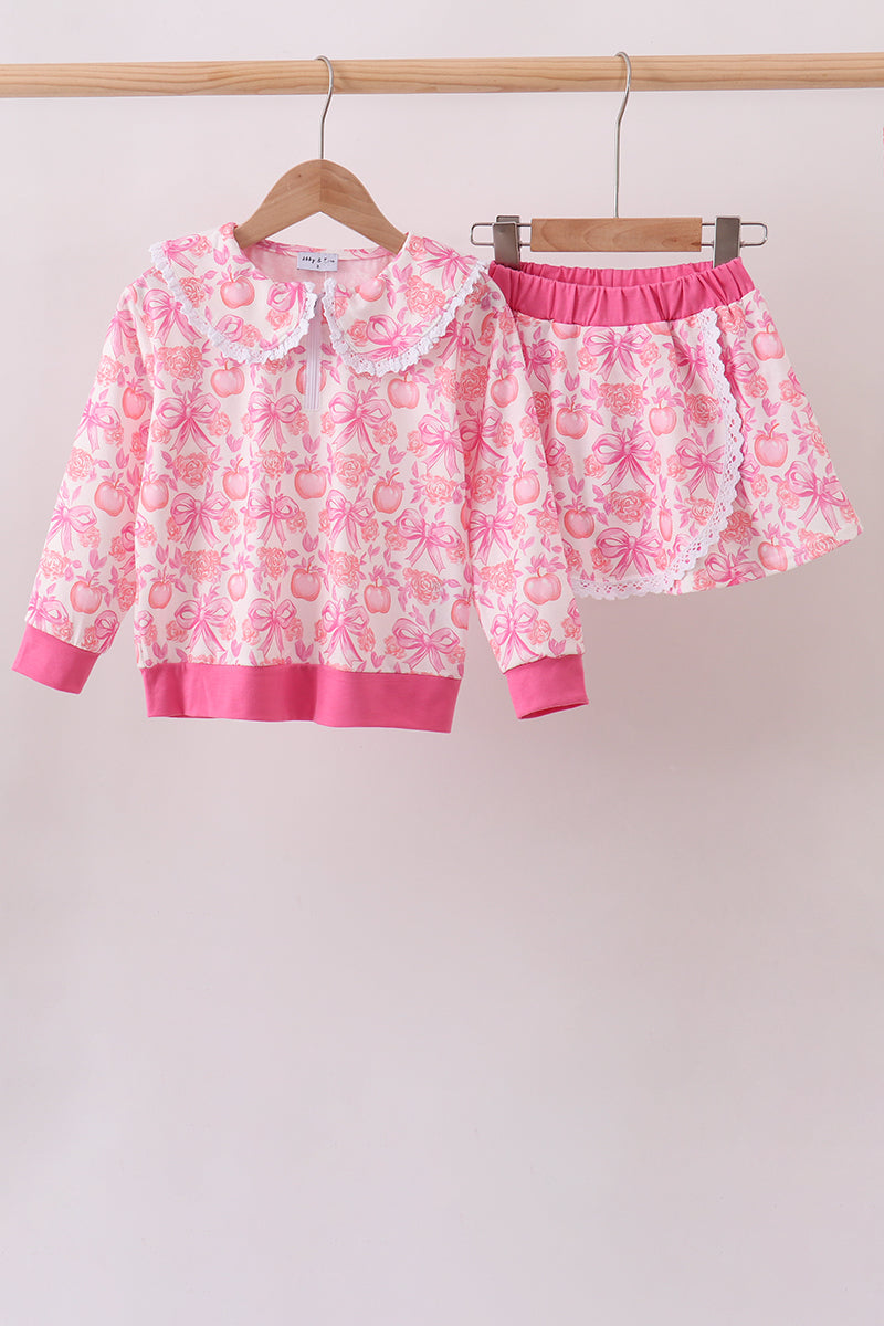 Pink Pumpkin Bow Lace Skorts Set