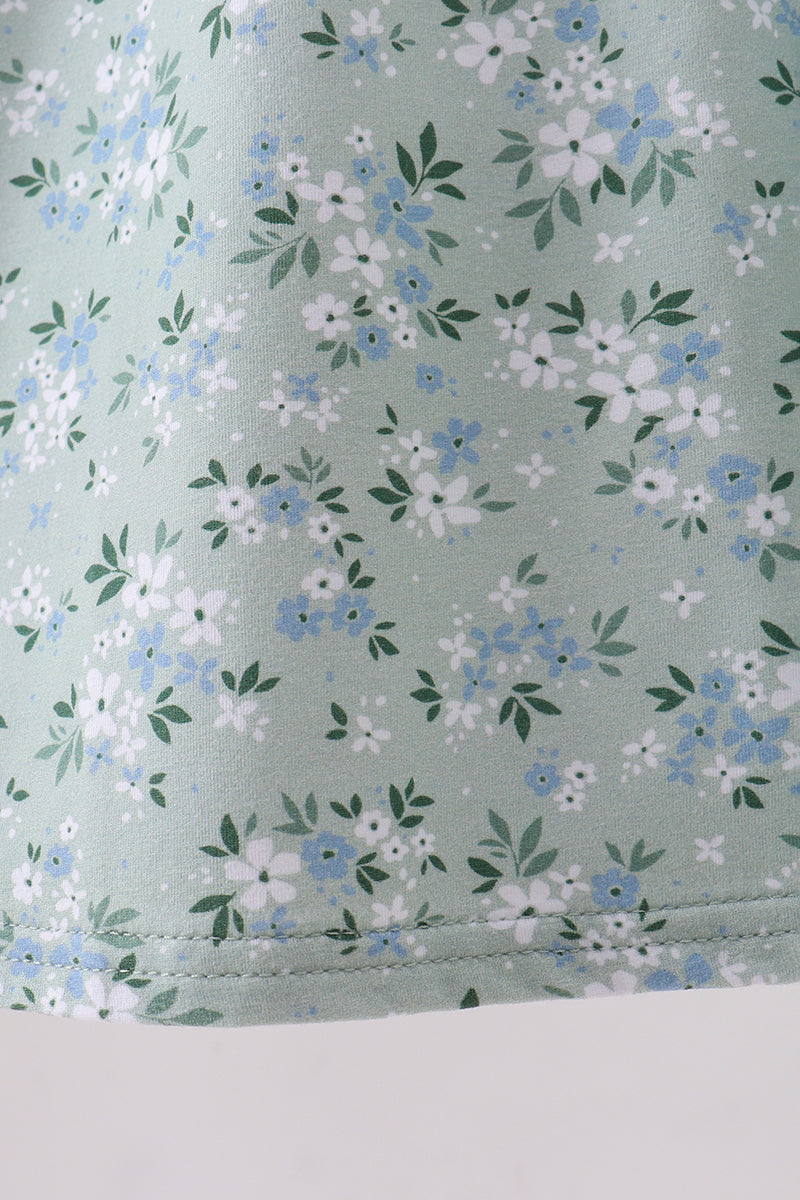 Sage floral cross embroidery ruffle dress