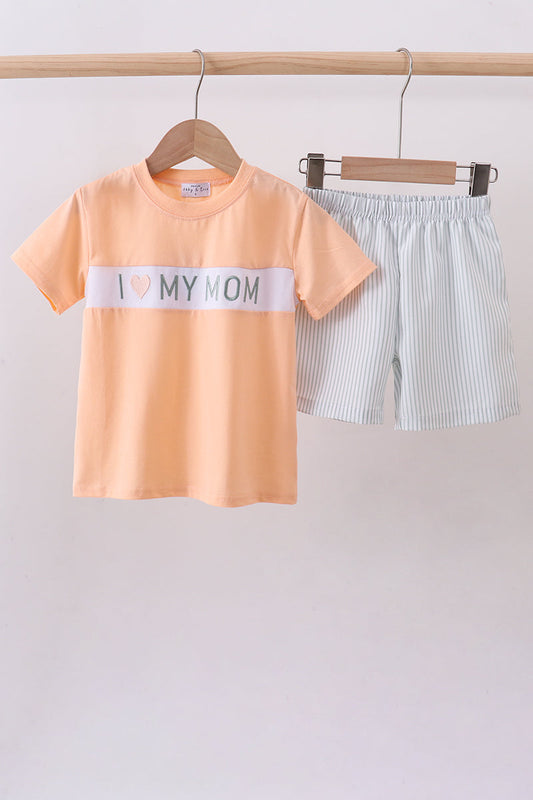 Pink I love my mom embroidery shorts set