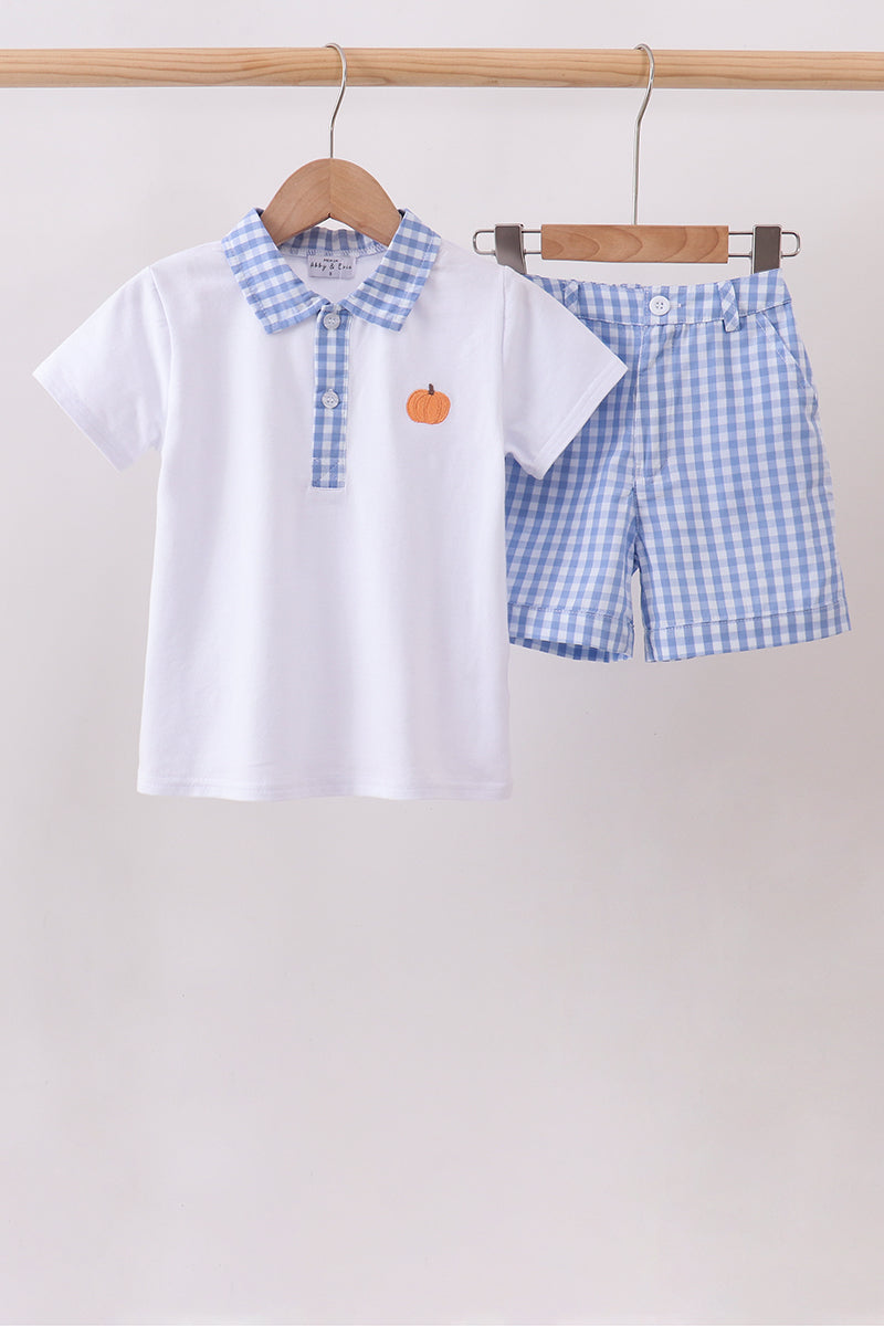 Blue gingham pumpkin embroidery shorts set