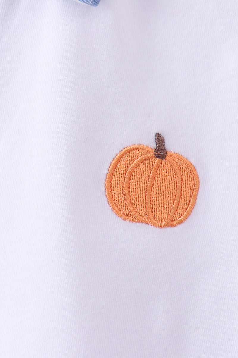 Blue gingham pumpkin embroidery shorts set